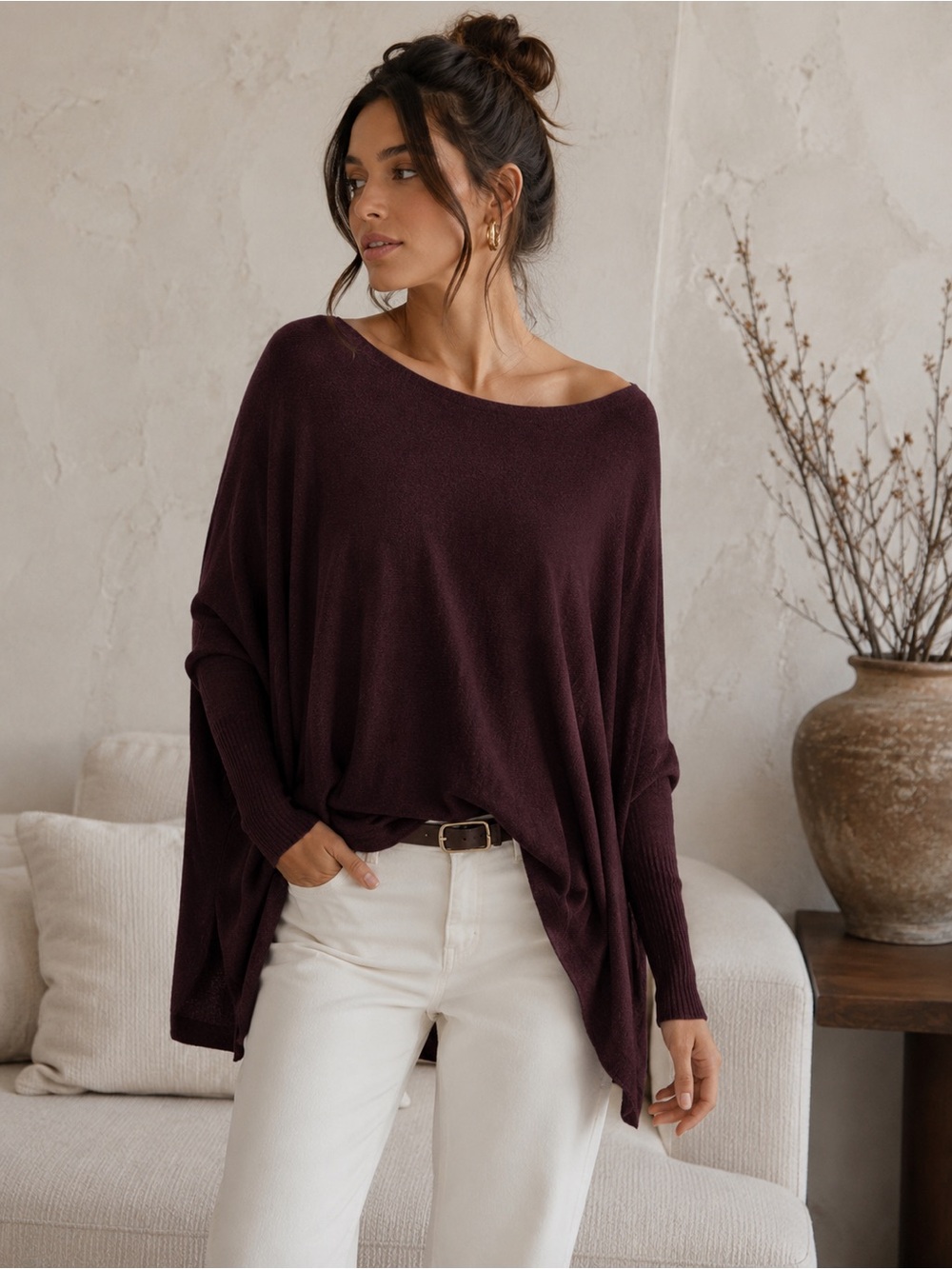 Burgundy Oversized Cashmere Angora Draped Drop Shoulder Sweater S